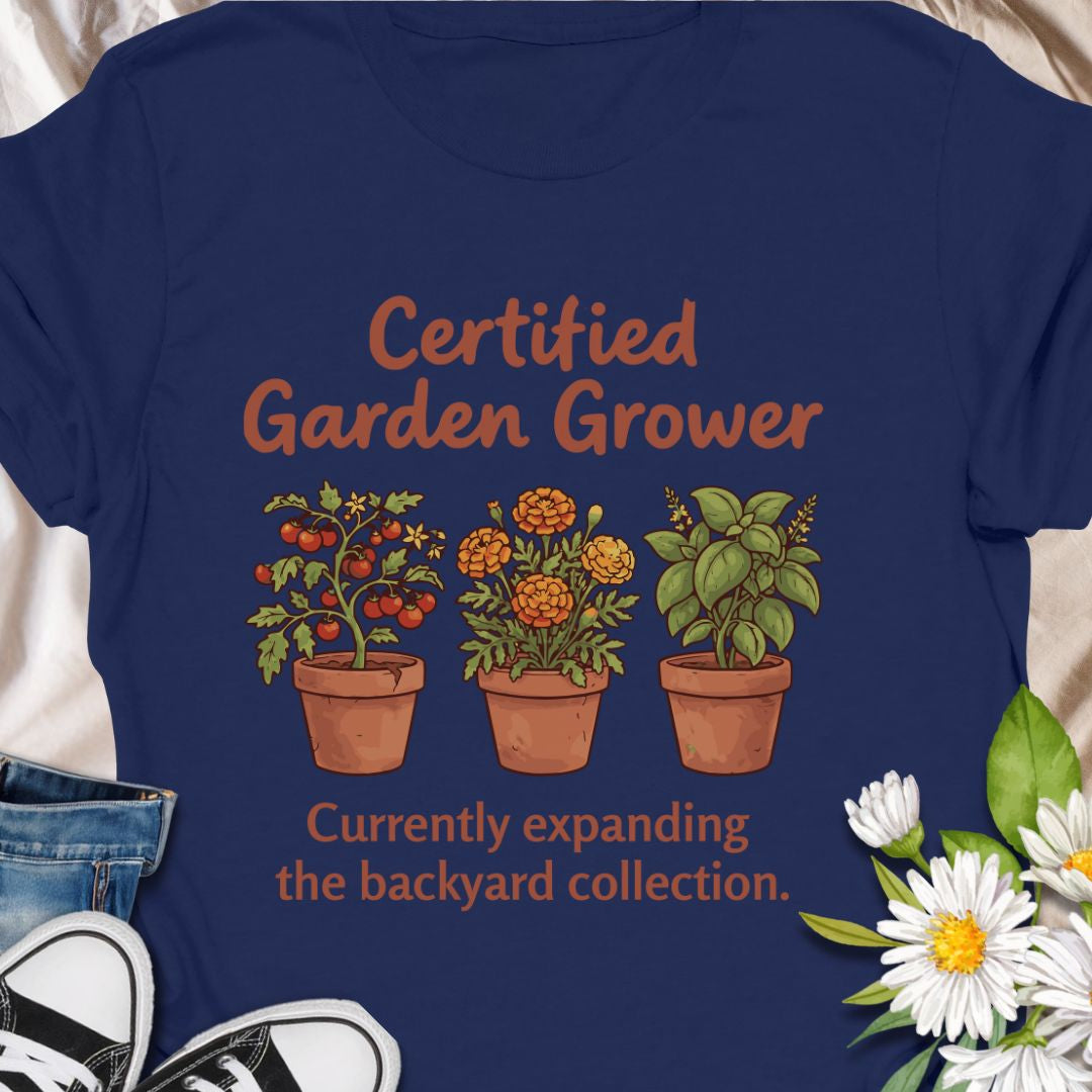 Show off your green thumb with this charming “Certified Garden Grower” t-shirt featuring potted veggies, herbs, and flowers. Perfect for proud backyard gardeners, homesteaders, or anyone always expanding their plant collection. A great gift for plant lovers and veggie growers!
