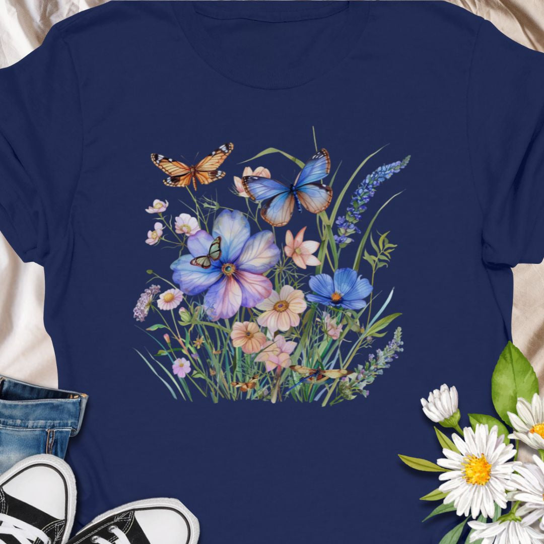 Beautiful nature tee with a delicate meadow of wildflowers and butterflies. simple, and quietly evocative. 