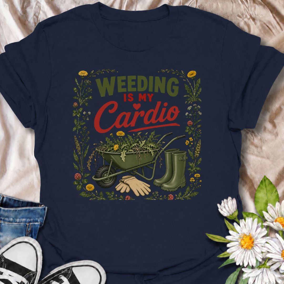 Trade the treadmill for the flower beds with this “Weeding Is My Cardio” T-shirt. Featuring a wheelbarrow full of weeds, gardening gloves, and muddy green boots, it is made for gardeners who get their exercise outdoors. A fun gift for vegetable growers, flower gardeners, and backyard garden enthusiasts.