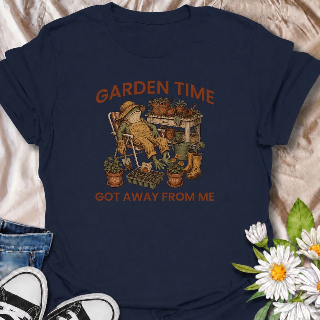 Celebrate losing track of time in the garden with this funny “Garden Time Got Away From Me” T-shirt. Featuring a relaxed frog surrounded by pots, seedlings, gardening tools, and muddy boots, it perfectly captures an afternoon that turned into an all-day garden session. A charming gift for gardeners, plant lovers, and anyone happiest pottering outdoors.