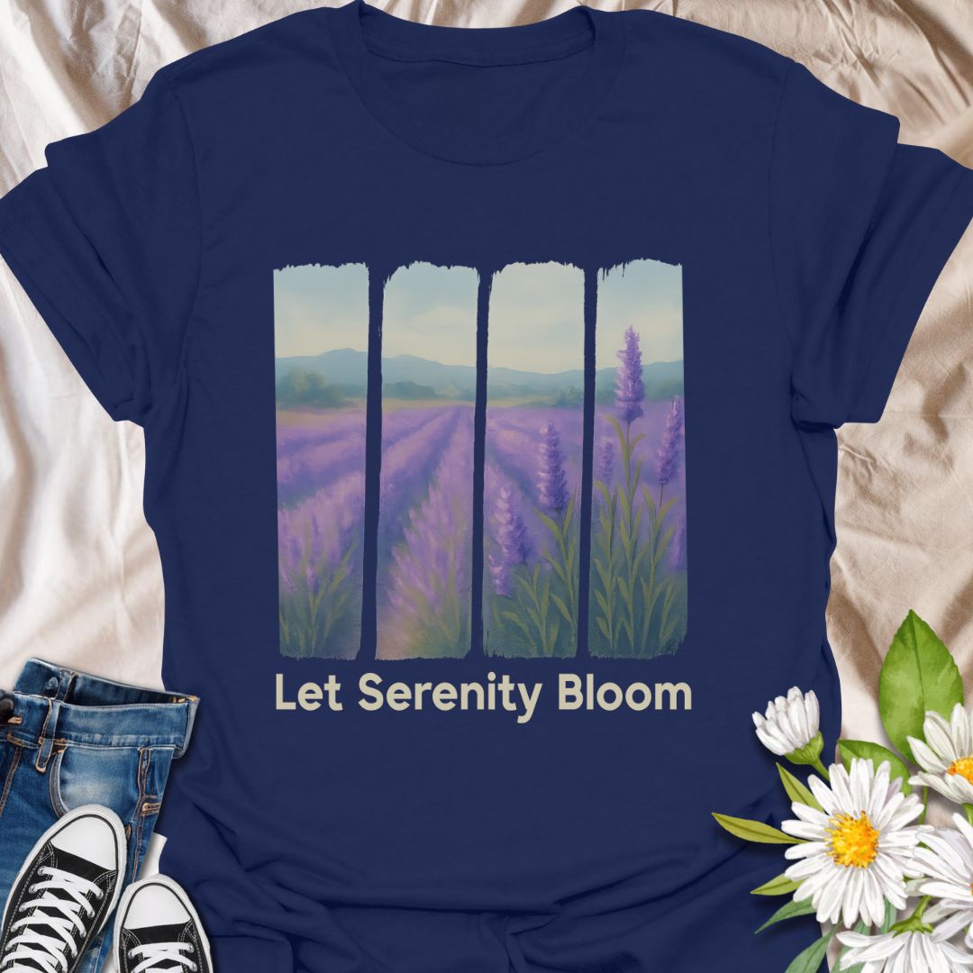 Embrace peaceful vibes with this "Let Serenity Bloom" t-shirt, featuring a dreamy lavender field viewed through vertical panels. Printed on a deep navy blue tee, this design radiates calm, mindfulness, and nature-inspired beauty. A perfect gift for lavender lovers, gardeners, and anyone drawn to serene, floral art.