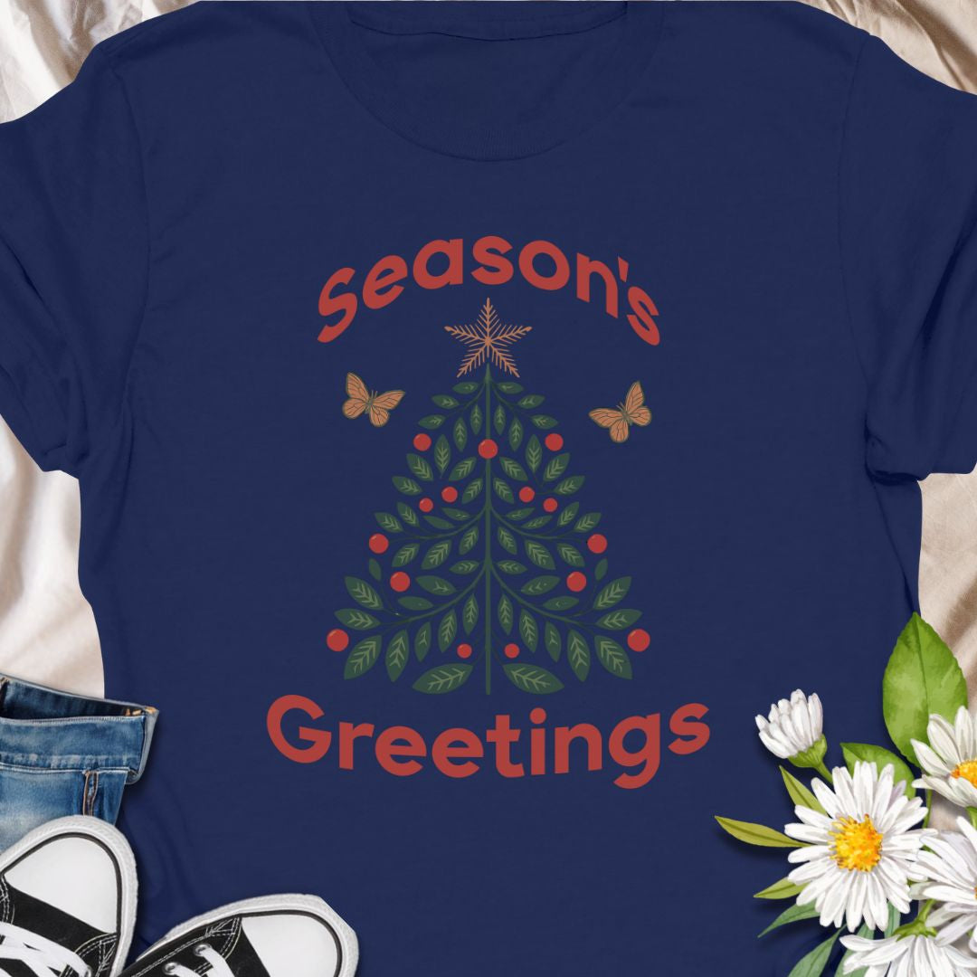 Spread festive cheer with this charming “Season’s Greetings” t-shirt featuring a leafy Christmas tree and butterflies. A unique and nature-inspired holiday tee perfect for garden lovers and anyone who celebrates the season in style.
