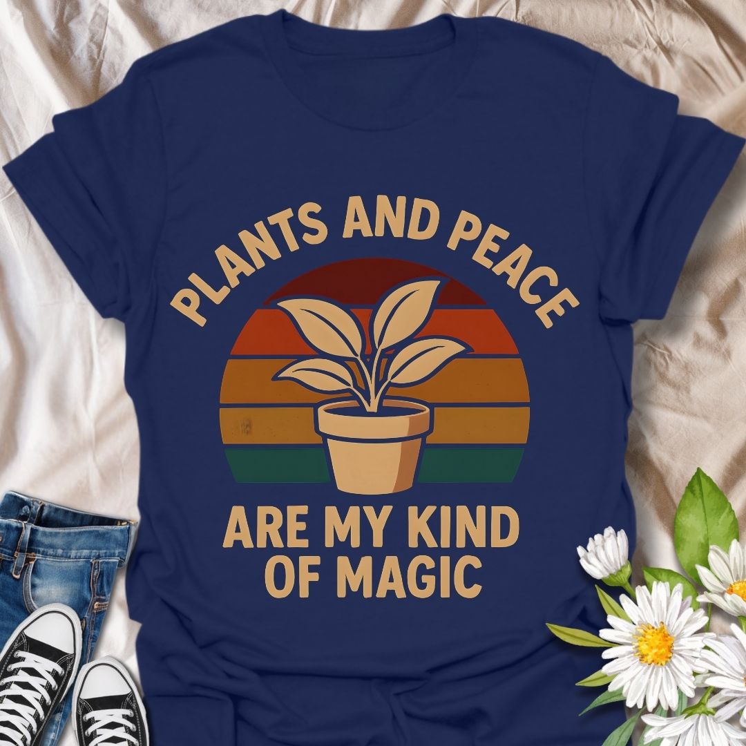 Retro-inspired “Plants and Peace Are My Kind of Magic” t-shirt for plant lovers and peace seekers. Featuring a potted plant with vintage sunset stripes, this design blends boho style with mindfulness—perfect for gardeners, plant parents, and earthy souls.