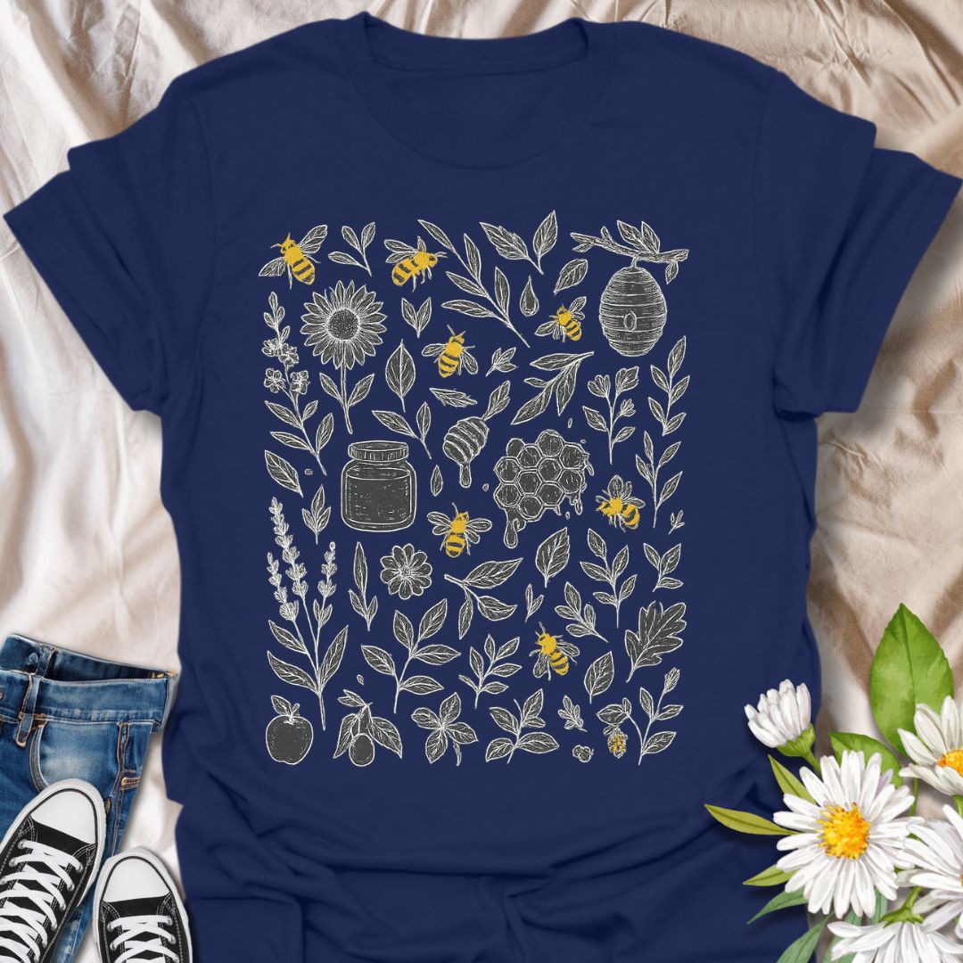 Celebrate nature and pollinator protection with this beautifully detailed t-shirt featuring hand-drawn floral illustrations and buzzing bees. A perfect choice for eco-conscious fashion lovers, gardeners, and bee conservation supporters who enjoy botanical and nature-inspired designs.