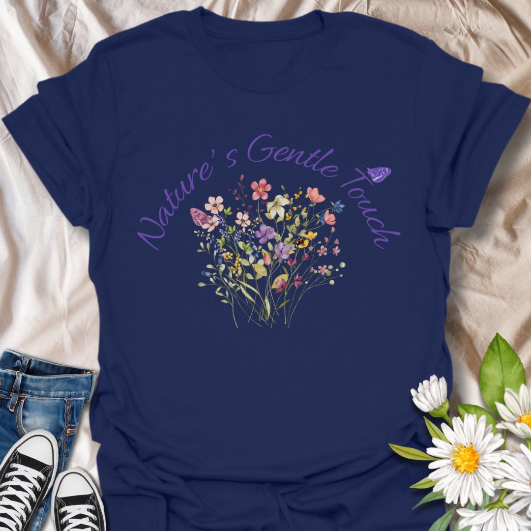 Beautiful flowers with text saying 'Nature's Gentle Touch' curving around flowers in a lilac font, and a butterfly gently resting within the design.