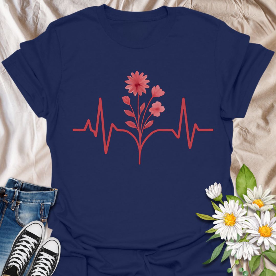 Minimalist flower heartbeat t-shirt featuring a soft red floral stem growing from a heart rhythm line. A meaningful, nature-meets-wellness design ideal for nurses, plant lovers, and anyone who feels alive in nature. Great gift for healthcare heroes, garden lovers, and flower fans alike