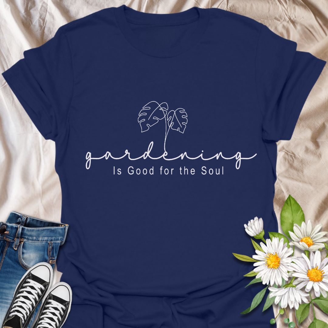 Simple and stylish gardening t-shirt with elegant line art leaves and the uplifting message 'Gardening is good for the soul.' A perfect gift for plant moms, garden lovers, and self-care advocates. Neutral tones and minimalist aesthetic for easy everyday wear or weekend plant therapy.