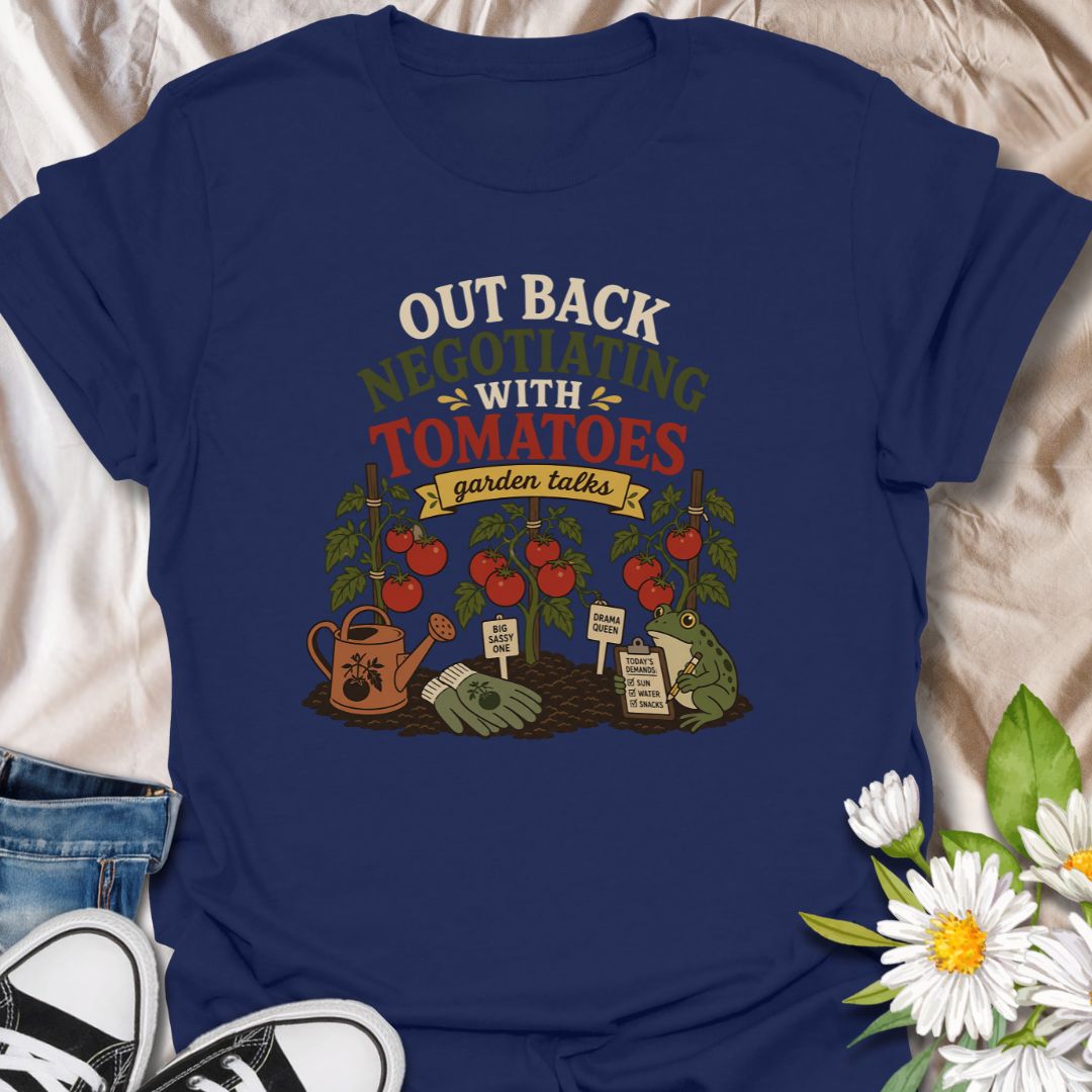 A funny vegetable gardening T-shirt for anyone who spends time discussing terms with their tomato plants. The design features ripe tomatoes, garden tools, plant stakes, and a frog recording the plants’ demands. A playful gift for tomato growers, backyard gardeners, and vegetable garden enthusiasts