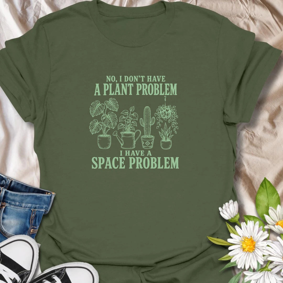 Space Problem t-shirt for plant lovers who do not have a plant problem, just a serious lack of room.
The simple botanical layout features houseplants, cactus, and leafy plant artwork with a funny relatable message.
It is perfect for plant moms, houseplant collectors, indoor gardeners, and anyone with overflowing plant shelves.
A great gift for plant people who keep adding greenery even when every windowsill is already taken.
