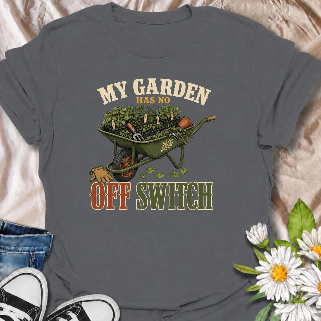 Funny gardening T-shirt for gardeners whose planting plans never really stop. Featuring a vintage wheelbarrow packed with herbs and seedlings, this “My Garden Has No Off Switch” design is made for enthusiastic growers, vegetable gardeners and anyone permanently planning the next garden job.
