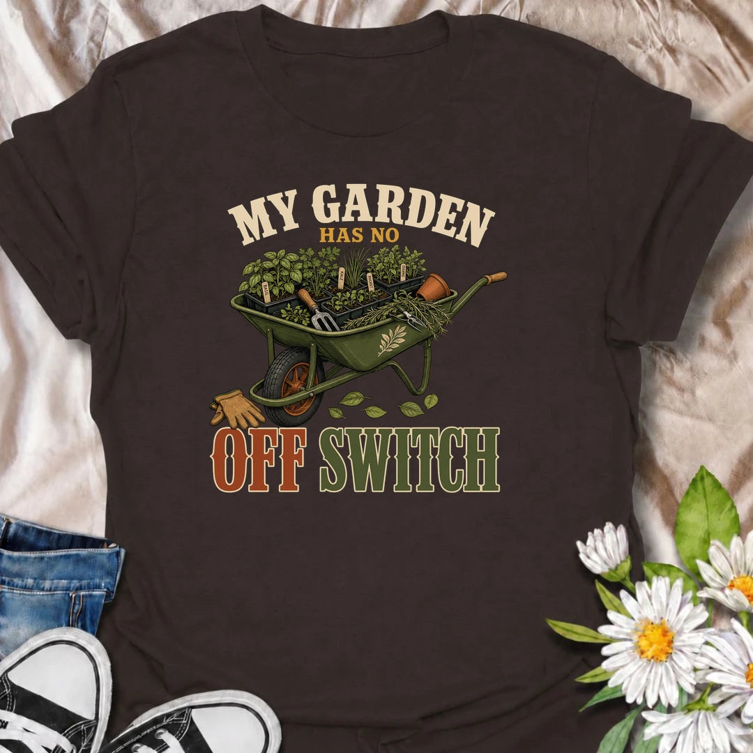 Funny gardening T-shirt for gardeners whose planting plans never really stop. Featuring a vintage wheelbarrow packed with herbs and seedlings, this “My Garden Has No Off Switch” design is made for enthusiastic growers, vegetable gardeners and anyone permanently planning the next garden job.
