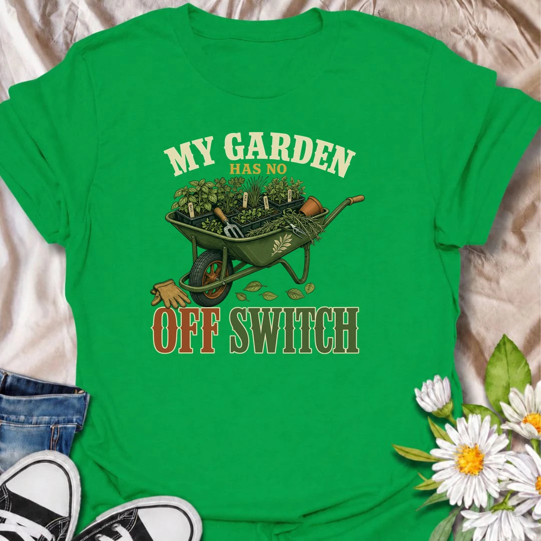 Funny gardening T-shirt for gardeners whose planting plans never really stop. Featuring a vintage wheelbarrow packed with herbs and seedlings, this “My Garden Has No Off Switch” design is made for enthusiastic growers, vegetable gardeners and anyone permanently planning the next garden job.