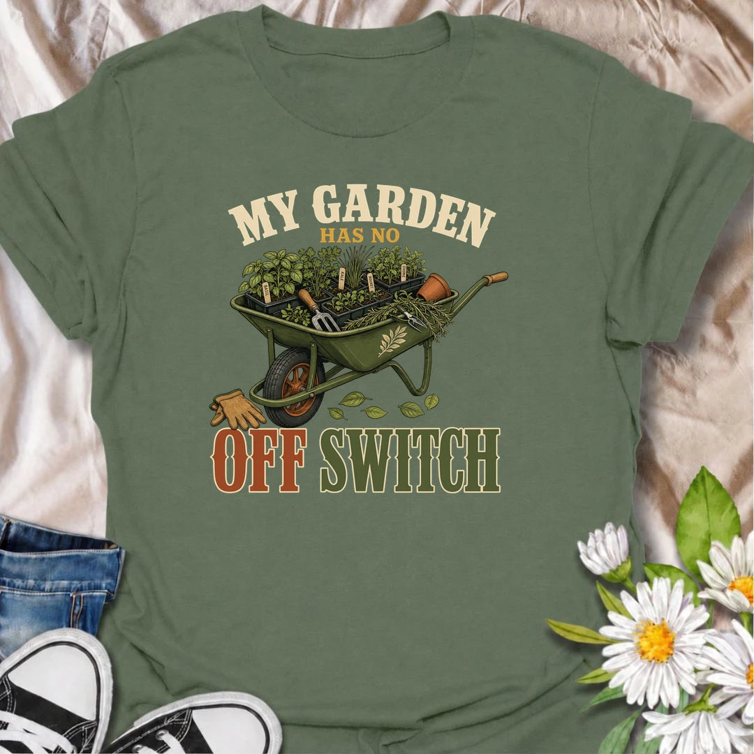 Funny gardening T-shirt for gardeners whose planting plans never really stop. Featuring a vintage wheelbarrow packed with herbs and seedlings, this “My Garden Has No Off Switch” design is made for enthusiastic growers, vegetable gardeners and anyone permanently planning the next garden job.