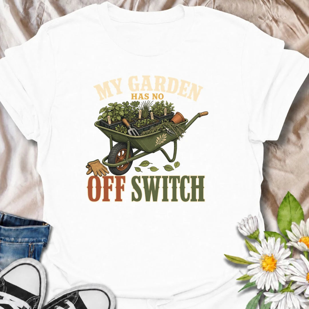 Funny gardening T-shirt for gardeners whose planting plans never really stop. Featuring a vintage wheelbarrow packed with herbs and seedlings, this “My Garden Has No Off Switch” design is made for enthusiastic growers, vegetable gardeners and anyone permanently planning the next garden job.