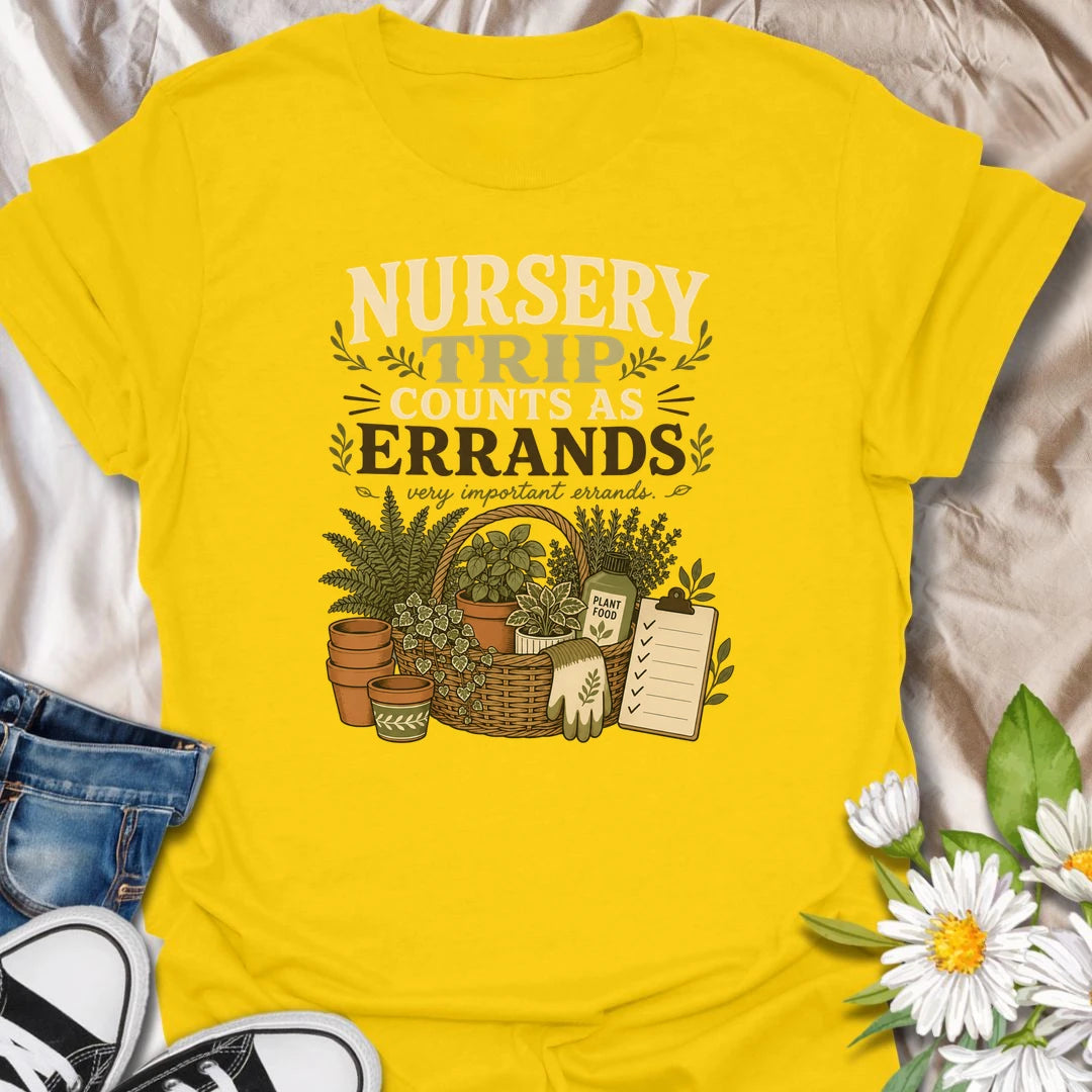 Make every plant-shopping trip feel productive with this “Nursery Trip Counts as Errands” T-shirt. The detailed basket of herbs, pots, garden supplies, and checklist celebrates a gardener’s most important appointments. It is a fun gift for plant lovers who always make time for the nursery.