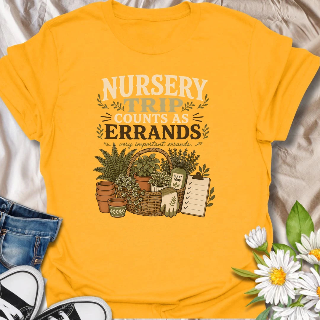 Make every plant-shopping trip feel productive with this “Nursery Trip Counts as Errands” T-shirt. The detailed basket of herbs, pots, garden supplies, and checklist celebrates a gardener’s most important appointments. It is a fun gift for plant lovers who always make time for the nursery.