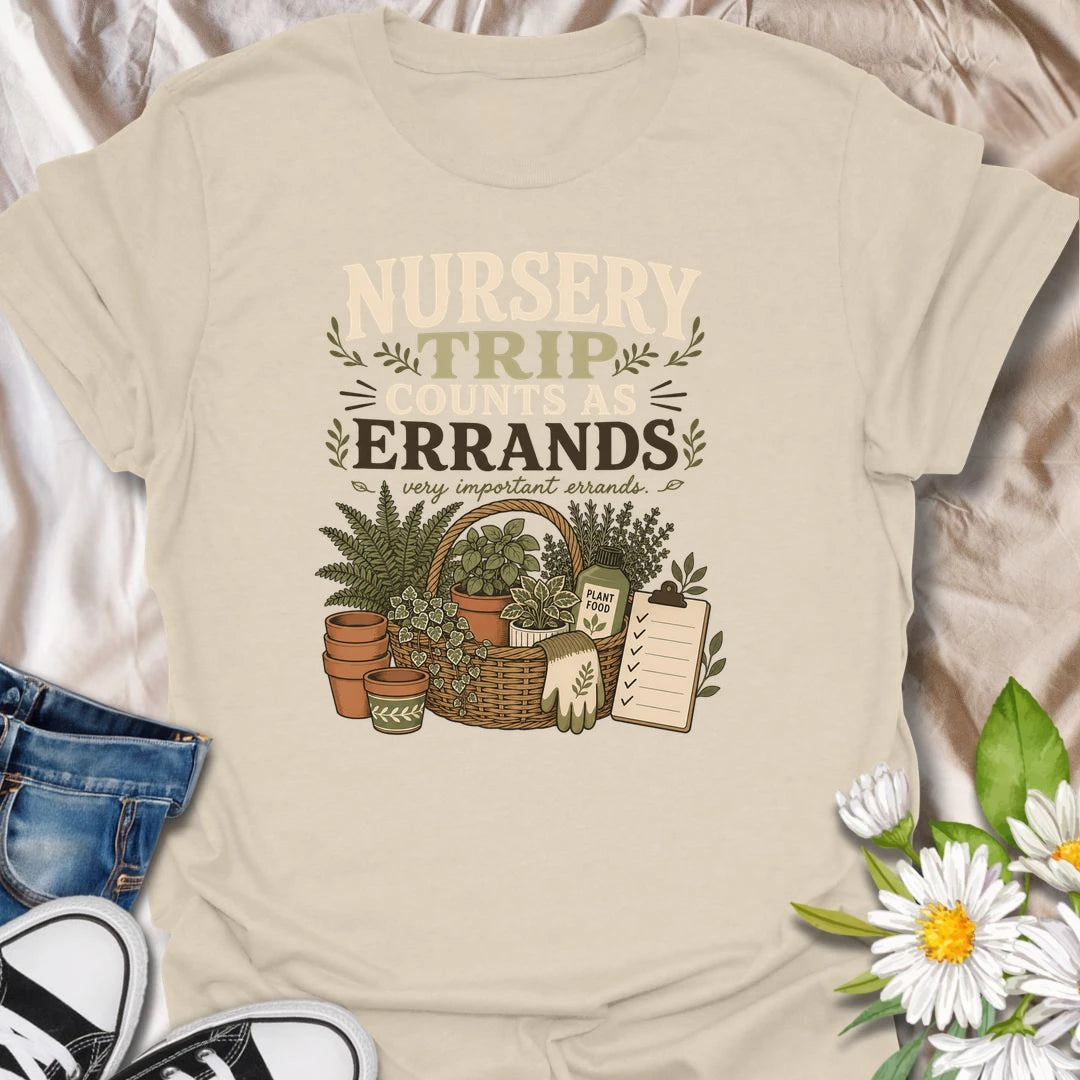 Make every plant-shopping trip feel productive with this “Nursery Trip Counts as Errands” T-shirt. The detailed basket of herbs, pots, garden supplies, and checklist celebrates a gardener’s most important appointments. It is a fun gift for plant lovers who always make time for the nursery.