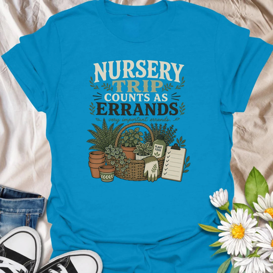 Make every plant-shopping trip feel productive with this “Nursery Trip Counts as Errands” T-shirt. The detailed basket of herbs, pots, garden supplies, and checklist celebrates a gardener’s most important appointments. It is a fun gift for plant lovers who always make time for the nursery.