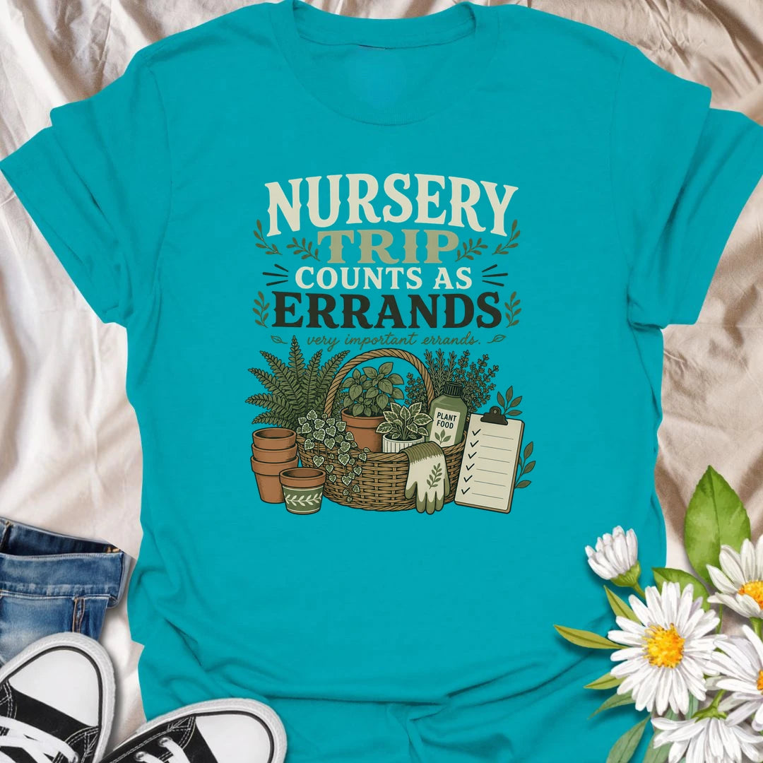 Make every plant-shopping trip feel productive with this “Nursery Trip Counts as Errands” T-shirt. The detailed basket of herbs, pots, garden supplies, and checklist celebrates a gardener’s most important appointments. It is a fun gift for plant lovers who always make time for the nursery.