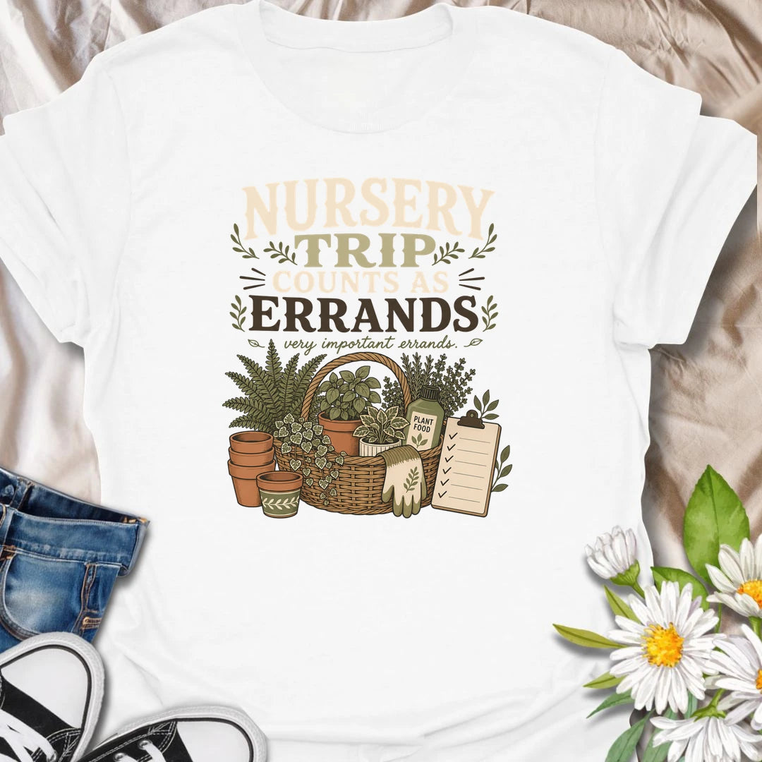 Make every plant-shopping trip feel productive with this “Nursery Trip Counts as Errands” T-shirt. The detailed basket of herbs, pots, garden supplies, and checklist celebrates a gardener’s most important appointments. It is a fun gift for plant lovers who always make time for the nursery.