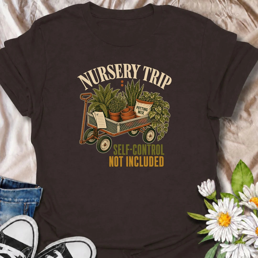 Funny plant shopping T-shirt for anyone who visits the nursery with good intentions and leaves with a wagon full of plants, pots and supplies. The vintage “Nursery Trip: Self-Control Not Included” design is perfect for houseplant collectors and gardeners who can never resist another plant.