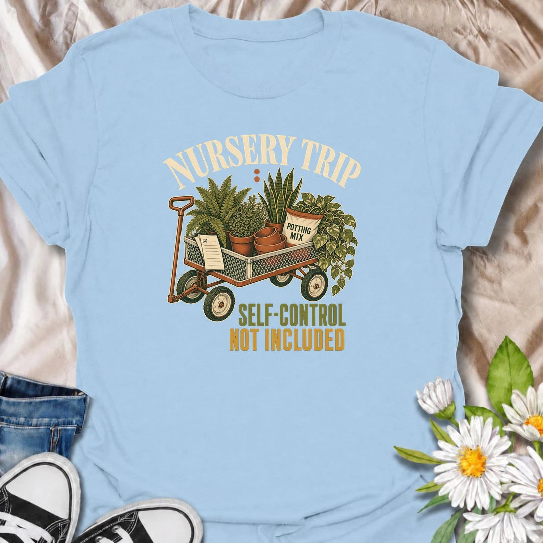Funny plant shopping T-shirt for anyone who visits the nursery with good intentions and leaves with a wagon full of plants, pots and supplies. The vintage “Nursery Trip: Self-Control Not Included” design is perfect for houseplant collectors and gardeners who can never resist another plant.