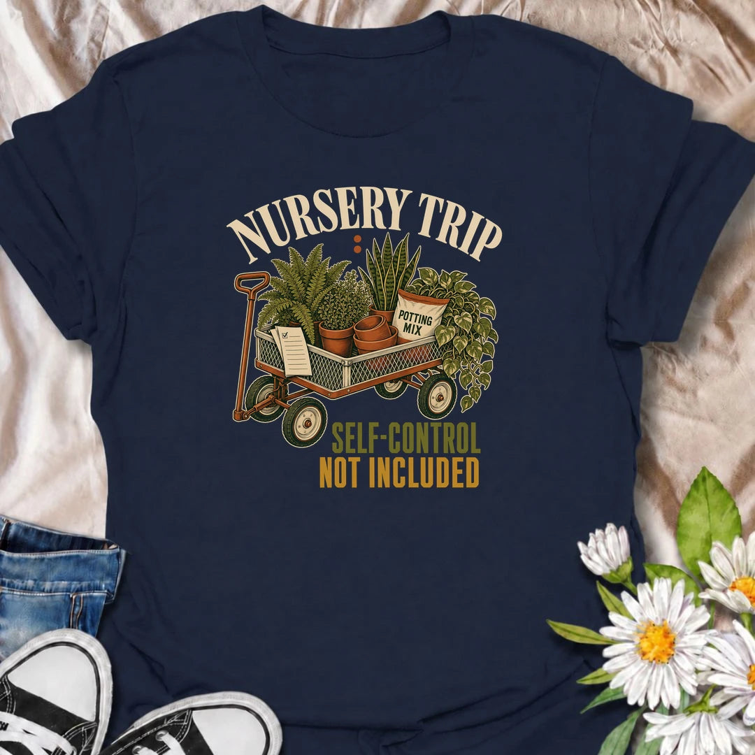 Funny plant shopping T-shirt for anyone who visits the nursery with good intentions and leaves with a wagon full of plants, pots and supplies. The vintage “Nursery Trip: Self-Control Not Included” design is perfect for houseplant collectors and gardeners who can never resist another plant.