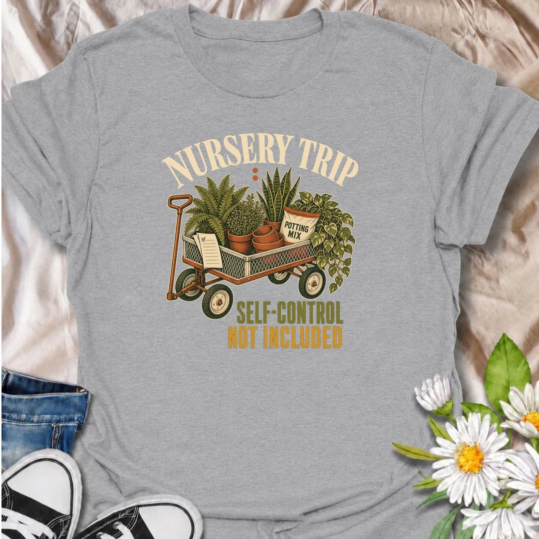 Funny plant shopping T-shirt for anyone who visits the nursery with good intentions and leaves with a wagon full of plants, pots and supplies. The vintage “Nursery Trip: Self-Control Not Included” design is perfect for houseplant collectors and gardeners who can never resist another plant.