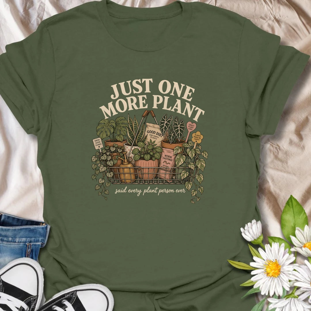 Funny houseplant t-shirt for plant people who always say “just one more plant.”
Features a shopping basket full of leafy houseplants, plant supplies, and charming vintage-style details.
Perfect for plant moms, houseplant collectors, indoor gardeners, and anyone proudly growing a plant obsession.