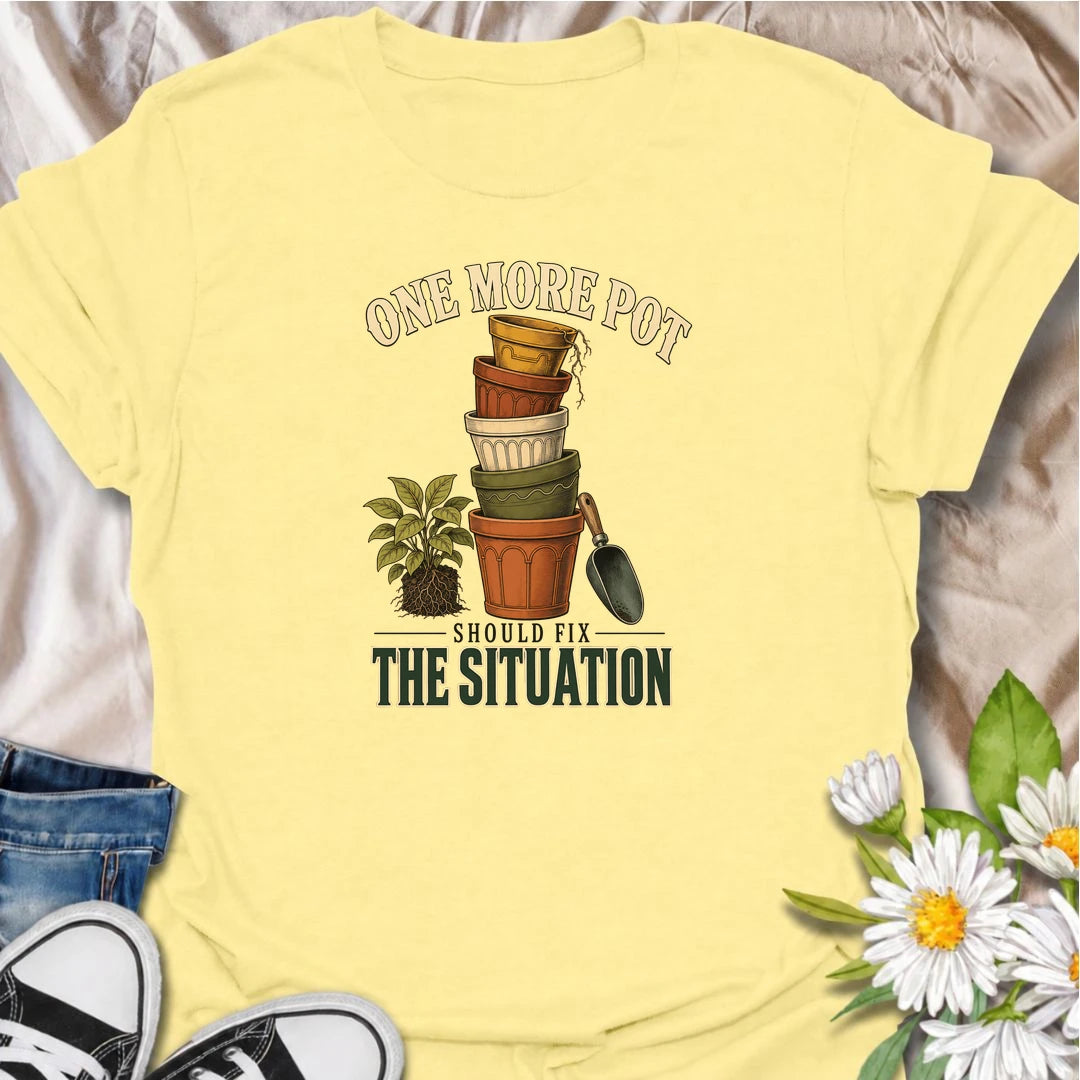 Funny plant lover T-shirt for collectors convinced that buying just one more pot will somehow solve the growing houseplant situation. Featuring stacked vintage planters, roots and a garden scoop, this design is ideal for houseplant fans, pot collectors and indoor gardeners.