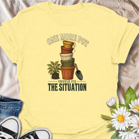 Funny plant lover T-shirt for collectors convinced that buying just one more pot will somehow solve the growing houseplant situation. Featuring stacked vintage planters, roots and a garden scoop, this design is ideal for houseplant fans, pot collectors and indoor gardeners.