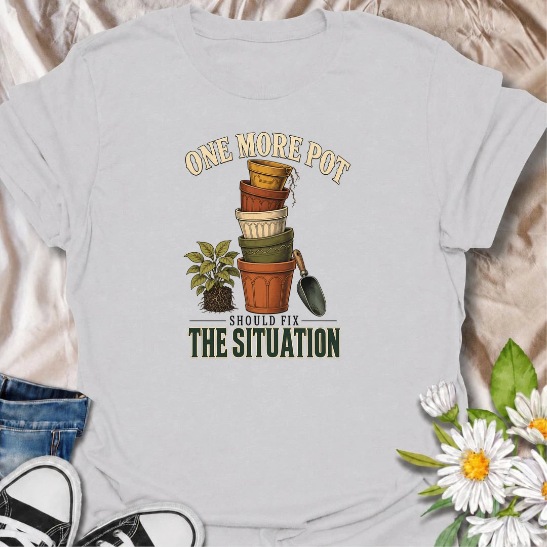 Funny plant lover T-shirt for collectors convinced that buying just one more pot will somehow solve the growing houseplant situation. Featuring stacked vintage planters, roots and a garden scoop, this design is ideal for houseplant fans, pot collectors and indoor gardeners.