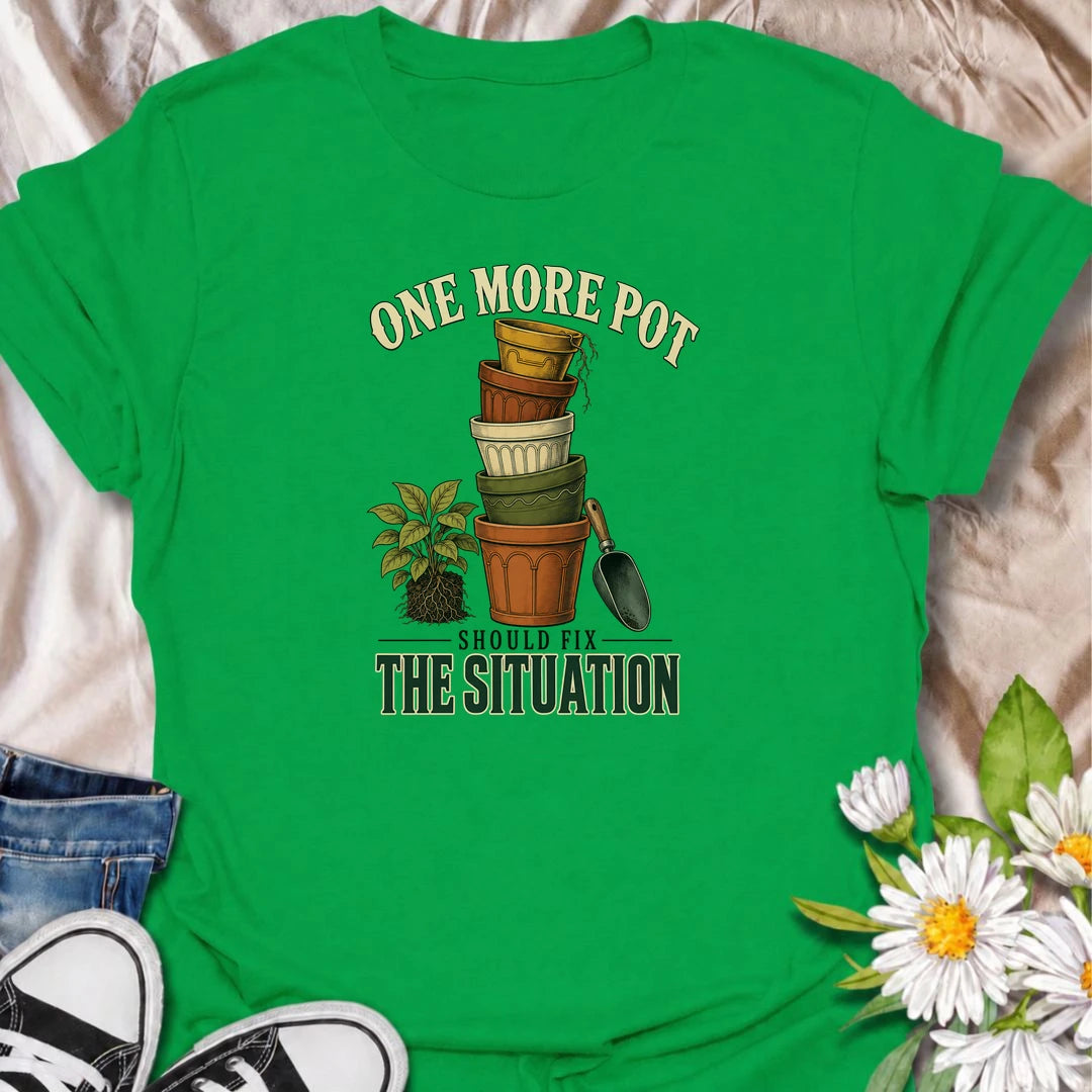 Funny plant lover T-shirt for collectors convinced that buying just one more pot will somehow solve the growing houseplant situation. Featuring stacked vintage planters, roots and a garden scoop, this design is ideal for houseplant fans, pot collectors and indoor gardeners.