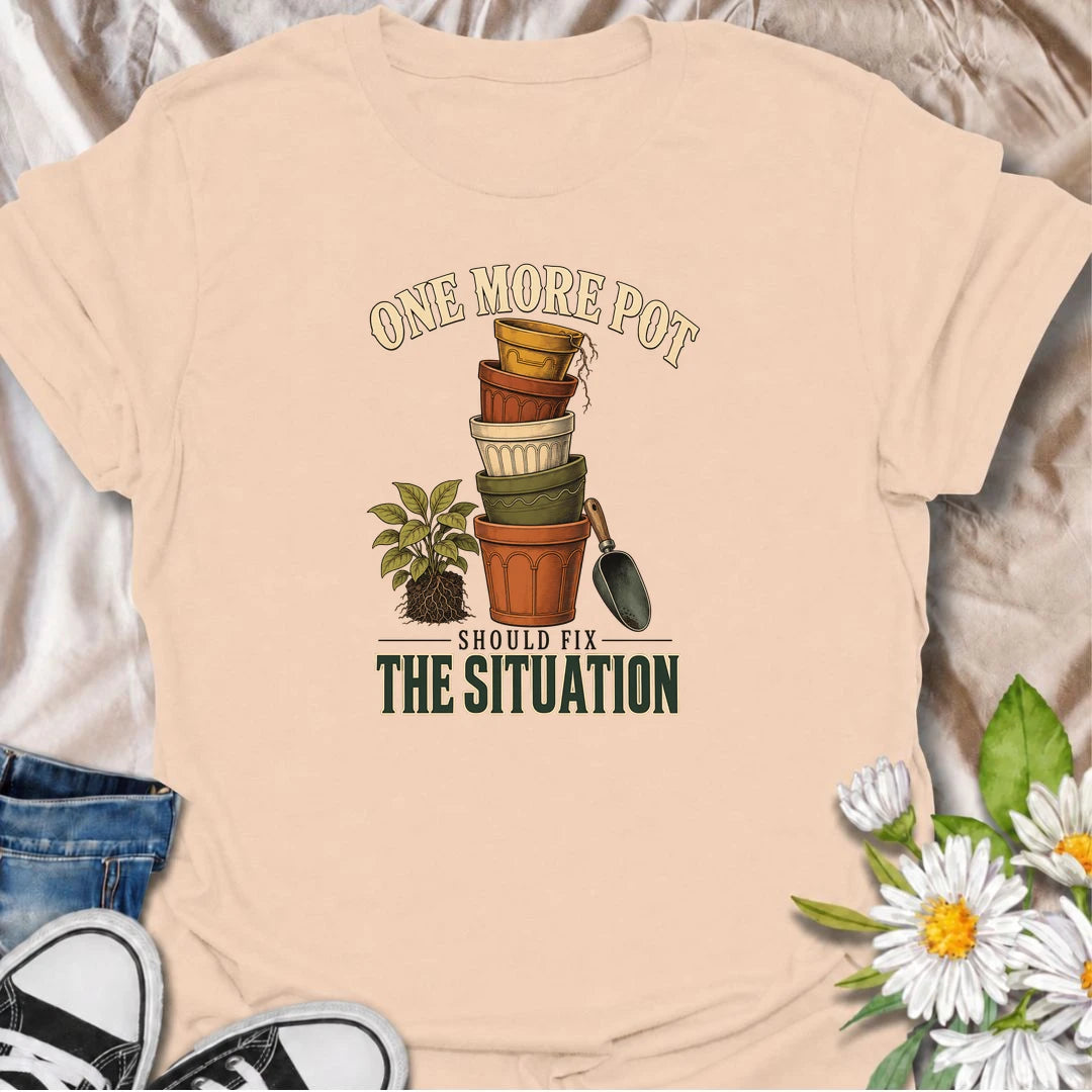 Funny plant lover T-shirt for collectors convinced that buying just one more pot will somehow solve the growing houseplant situation. Featuring stacked vintage planters, roots and a garden scoop, this design is ideal for houseplant fans, pot collectors and indoor gardeners.