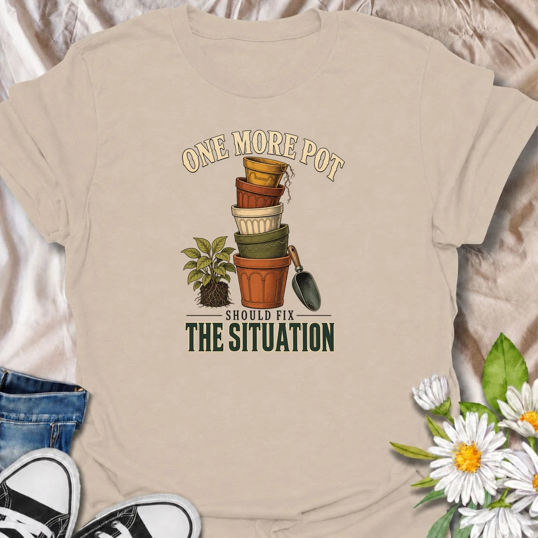 Funny plant lover T-shirt for collectors convinced that buying just one more pot will somehow solve the growing houseplant situation. Featuring stacked vintage planters, roots and a garden scoop, this design is ideal for houseplant fans, pot collectors and indoor gardeners.