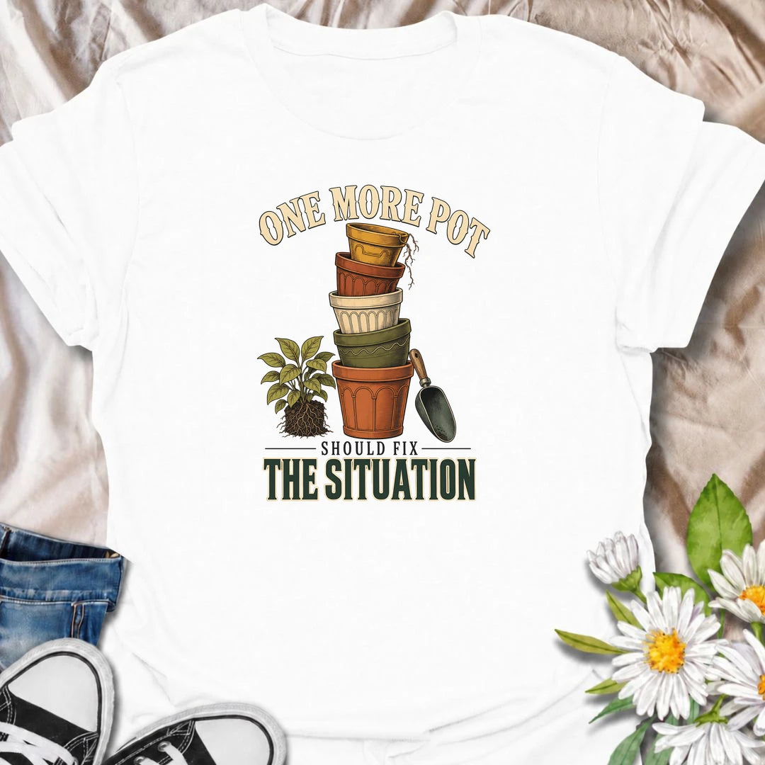 Funny plant lover T-shirt for collectors convinced that buying just one more pot will somehow solve the growing houseplant situation. Featuring stacked vintage planters, roots and a garden scoop, this design is ideal for houseplant fans, pot collectors and indoor gardeners.
