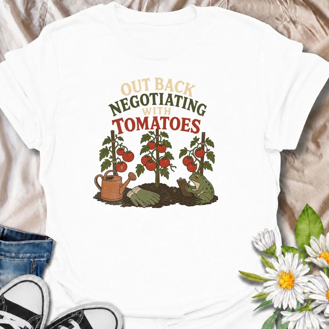 A funny gardening T-shirt for tomato growers who know every plant seems to have its own demands. Featuring ripe tomato plants, gardening tools, and a very serious frog taking notes, this design is perfect for vegetable gardeners with a sense of humor. The “Out Back Negotiating With Tomatoes” phrase makes a fun gift for backyard growers, allotment gardeners, and anyone who spends more time talking to plants than people. Great for garden days, farmers markets, greenhouse visits, or relaxing in the backyard. A