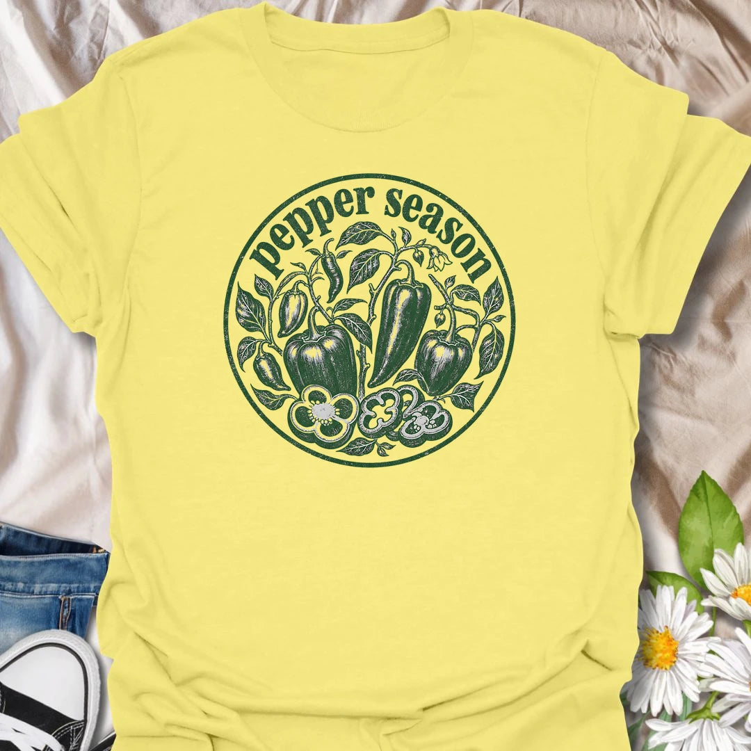 Pepper Season t-shirt for vegetable gardeners, pepper growers, homesteaders, and backyard garden lovers who wait all year for fresh peppers and harvest season.