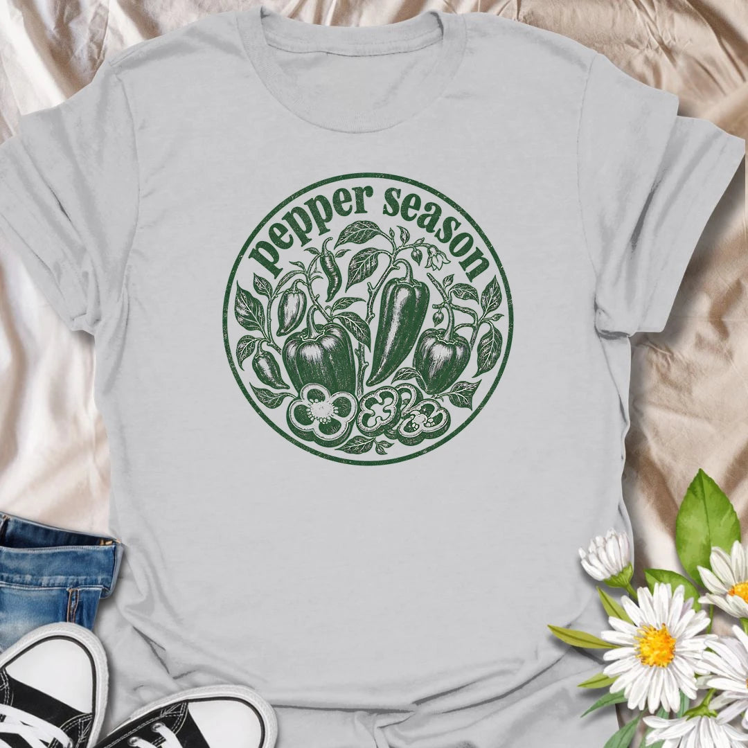 Pepper Season t-shirt for vegetable gardeners, pepper growers, homesteaders, and backyard garden lovers who wait all year for fresh peppers and harvest season.
