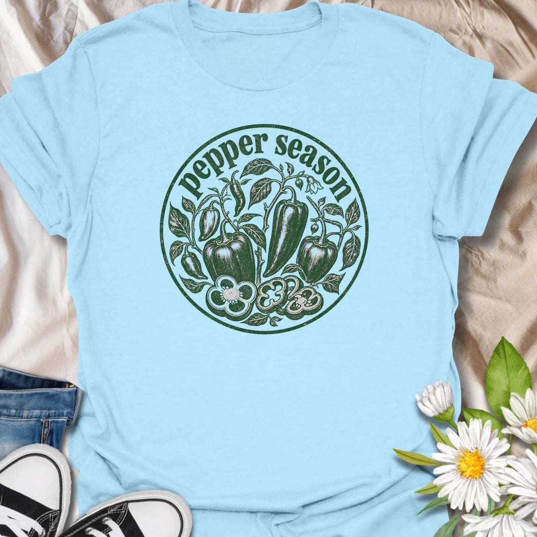 Pepper Season t-shirt for vegetable gardeners, pepper growers, homesteaders, and backyard garden lovers who wait all year for fresh peppers and harvest season.