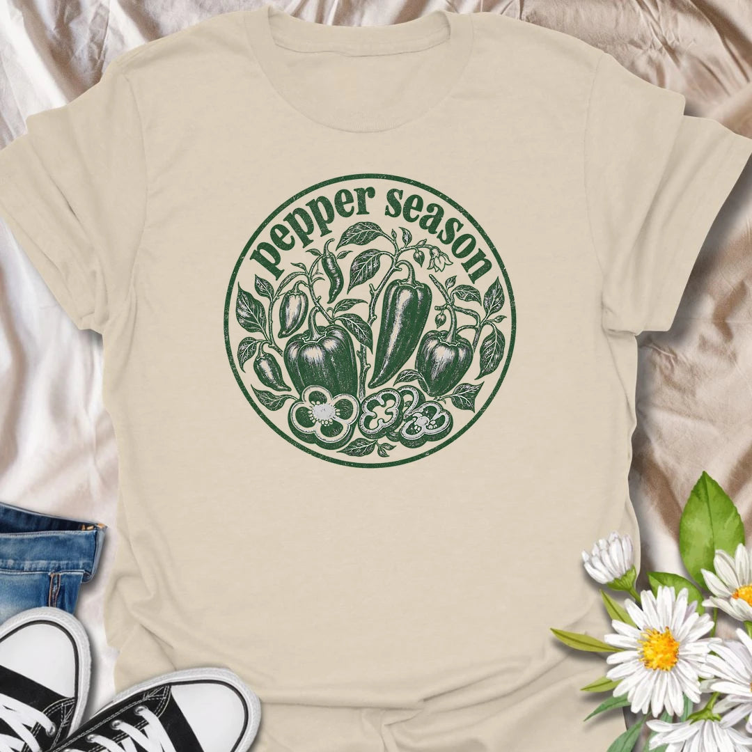 Pepper Season t-shirt for vegetable gardeners, pepper growers, homesteaders, and backyard garden lovers who wait all year for fresh peppers and harvest season.