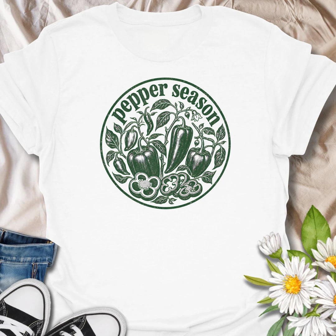 Pepper Season t-shirt for vegetable gardeners, pepper growers, homesteaders, and backyard garden lovers who wait all year for fresh peppers and harvest season.