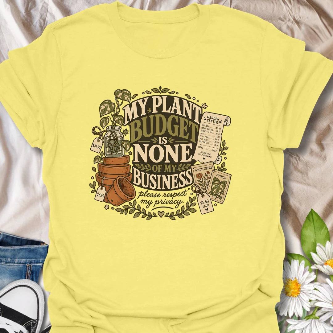Plant Budget t-shirt for plant lovers, plant moms, and houseplant collectors who know their spending habits are none of anyone’s business.
The vintage botanical design features potted plants, plant tags, gardening details, and bold humorous lettering.
It is perfect for plant parents who love adding just one more pothos, monstera, succulent, or leafy friend to the collection.
A funny gift for houseplant lovers, indoor gardeners, and anyone whose plant budget is best left unspoken.
