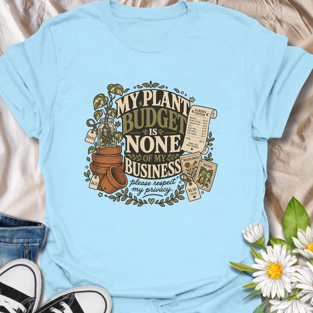 Plant Budget t-shirt for plant lovers, plant moms, and houseplant collectors who know their spending habits are none of anyone’s business.
The vintage botanical design features potted plants, plant tags, gardening details, and bold humorous lettering.
It is perfect for plant parents who love adding just one more pothos, monstera, succulent, or leafy friend to the collection.
A funny gift for houseplant lovers, indoor gardeners, and anyone whose plant budget is best left unspoken.
