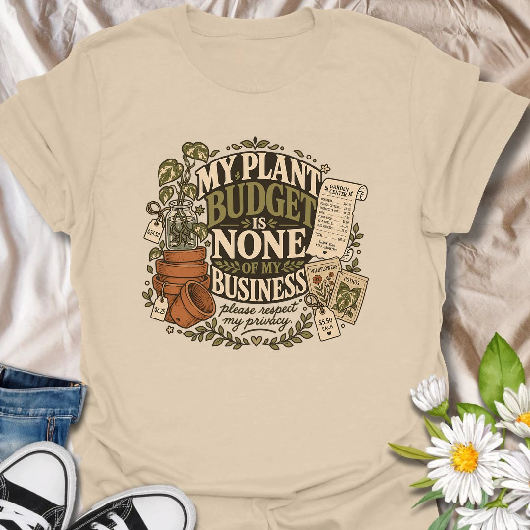 Plant Budget t-shirt for plant lovers, plant moms, and houseplant collectors who know their spending habits are none of anyone’s business.
The vintage botanical design features potted plants, plant tags, gardening details, and bold humorous lettering.
It is perfect for plant parents who love adding just one more pothos, monstera, succulent, or leafy friend to the collection.
A funny gift for houseplant lovers, indoor gardeners, and anyone whose plant budget is best left unspoken.