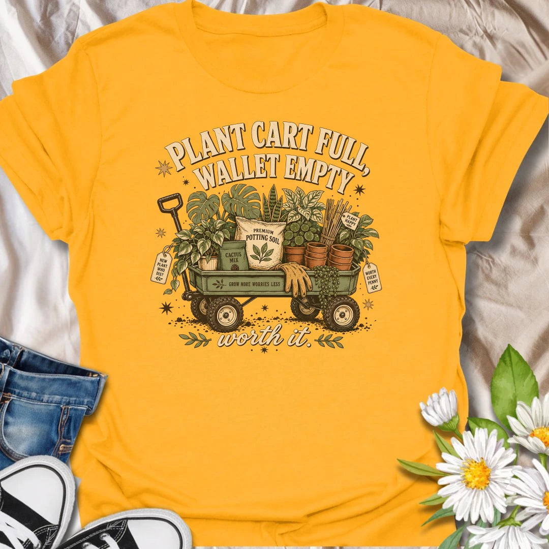 Tell the truth about plant shopping with this “Plant Cart Full, Wallet Empty” T-shirt. Featuring a wagon overflowing with houseplants, soil, pots, gloves, and garden supplies, it perfectly captures the cost of botanical happiness. A funny gift for enthusiastic plant collectors and nursery regulars.