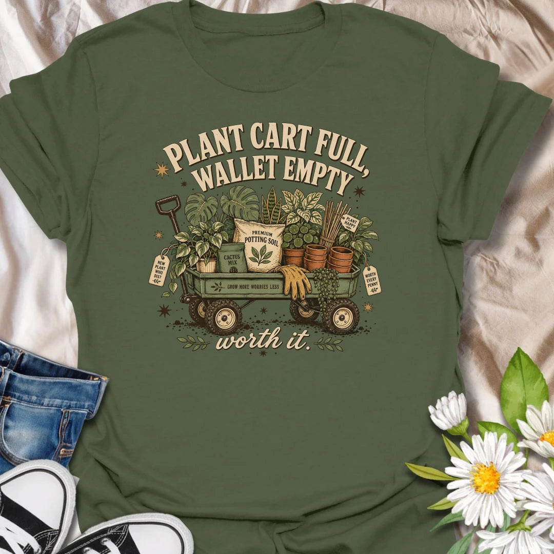 Tell the truth about plant shopping with this “Plant Cart Full, Wallet Empty” T-shirt. Featuring a wagon overflowing with houseplants, soil, pots, gloves, and garden supplies, it perfectly captures the cost of botanical happiness. A funny gift for enthusiastic plant collectors and nursery regulars.