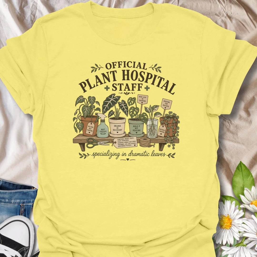 Funny plant lover t-shirt for anyone serving on the official plant hospital staff.
Features dramatic houseplants, propagation cuttings, and plant-care humor in a cozy vintage botanical design.
Perfect for plant parents, houseplant rescuers, and indoor gardeners who specialize in dramatic leaves.