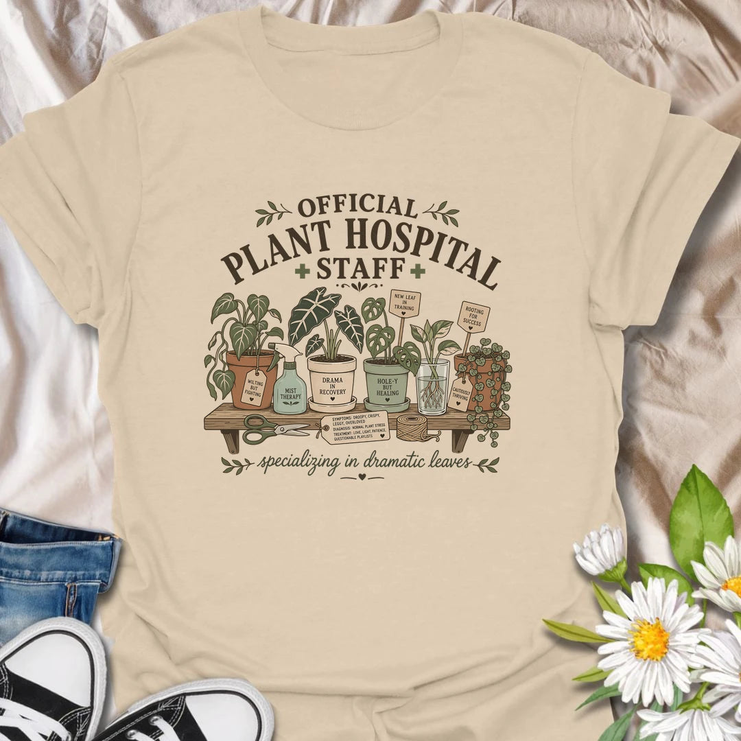 Funny plant lover t-shirt for anyone serving on the official plant hospital staff.
Features dramatic houseplants, propagation cuttings, and plant-care humor in a cozy vintage botanical design.
Perfect for plant parents, houseplant rescuers, and indoor gardeners who specialize in dramatic leaves.