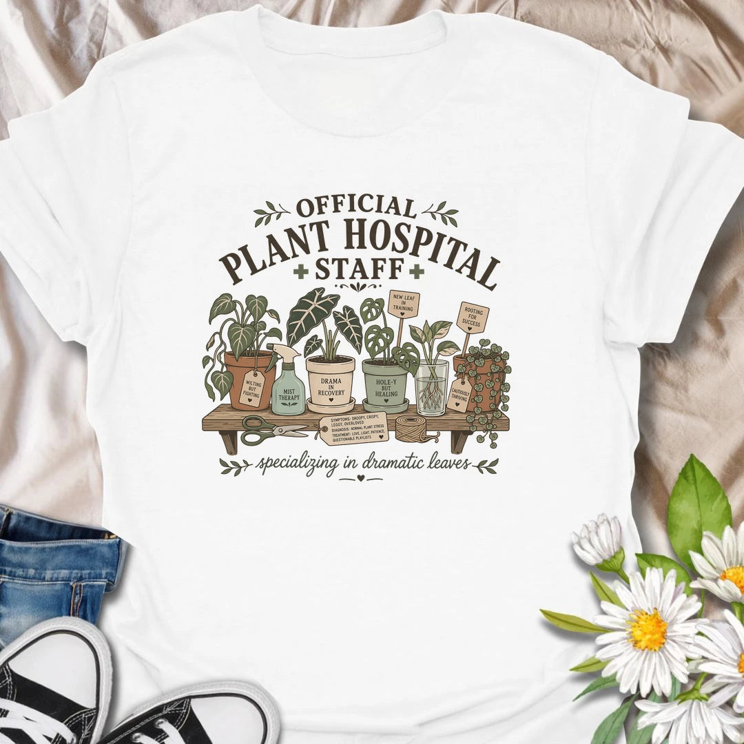 Funny plant lover t-shirt for anyone serving on the official plant hospital staff.
Features dramatic houseplants, propagation cuttings, and plant-care humor in a cozy vintage botanical design.
Perfect for plant parents, houseplant rescuers, and indoor gardeners who specialize in dramatic leaves.